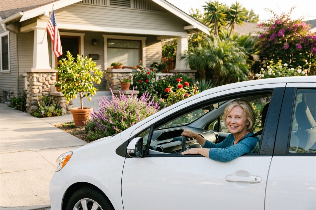 A smiling older woman at the wheel of her white hybrid car outside a California bungalow with a lemon tree and a flowering front garden.