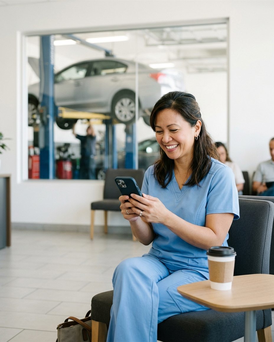 A smiling woman in blue nursing scrubs finishes her online traffic school course on her phone in an auto shop waiting room while her car is up on the lift.