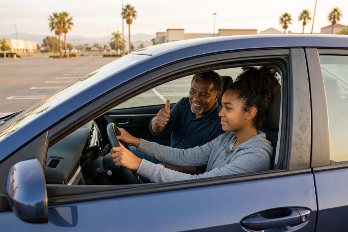 A teenage girl practices driving a parked car in an empty California parking lot while an older man in the passenger seat gives her a thumbs-up.